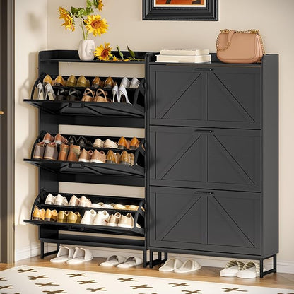 Shoe Cabinet Storage for Entryway, Shoe Storage Cabinet with 3 Flip Drawers, Freestanding Narrow Shoe Rack Organizer with Metal Legs & Side Hook for Foyer, Hallway, Black