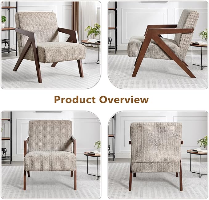 Bonzy Home Mid-Century Modern Accent Chair with Wood Frame, Upholstered Armchair for Bedroom & Living Room, Linen Fabric Cushion, Z-Shaped Armrest Design, Sturdy Lounge Chair,Brown