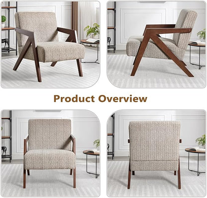 Bonzy Home Mid-Century Modern Accent Chair Set of 2 with Solid Wood Frame, Upholstered Armchair for Bedroom & Living Room, Reading Side Chair with Soft Lien Fabric Cushion,Easy Assembly,Light Grey