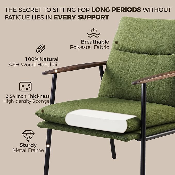 Art Leon Modern Accent Chair - Upholstered Fabric Lounge Chair with Wood Armrests Ergonomic Reading Chair with Metal Frame Living Room Chair for Bedroom, Office Green