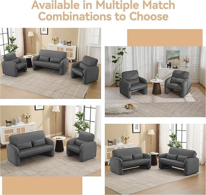 Corduroy Accent Living Room Sets, Modern Upholstered Love Seat with 2 Accent Chairs, Wide Comfy Leisure Chair Sets for Bedroom, Office, Grey