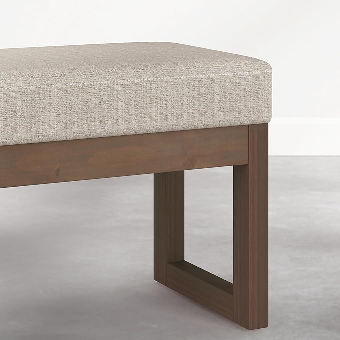 SIMPLIHOME Milltown Footstool - 27 inch Wide Upholstered Solid Wood Rectangular Small Ottoman Bench in Beige Cream, Contemporary Footrest for Entryway or Bedroom with Cushioned Seat & Compact Design