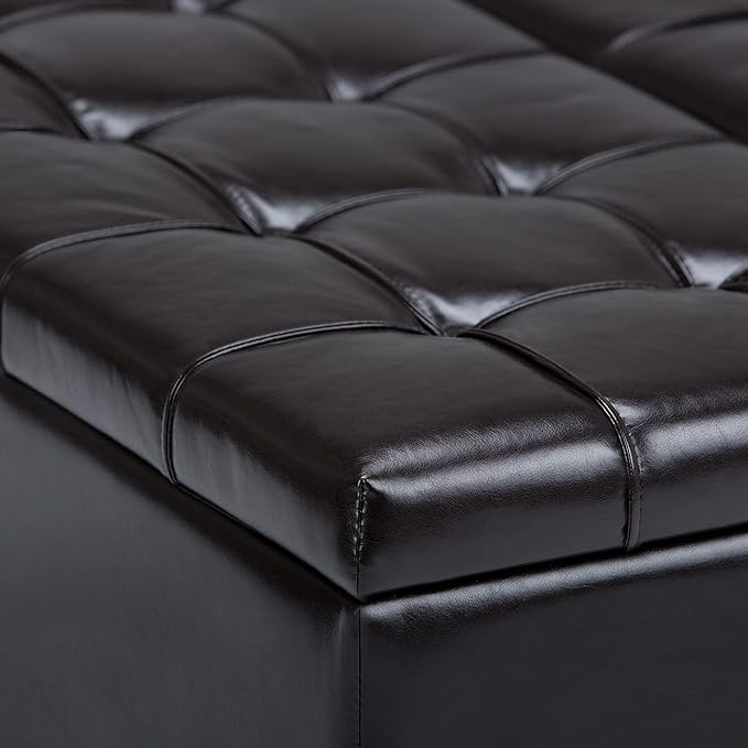 SIMPLIHOME Harrison 36 inch Wide Transitional Square Coffee Table Storage Ottoman in Tanners Brown Vegan Faux Leather, Assembled, For the Living Room and Bedroom