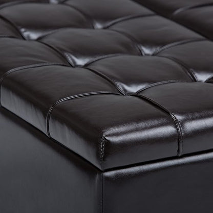 SIMPLIHOME Harrison 36 inch Wide Transitional Square Coffee Table Storage Ottoman in Tanners Brown Vegan Faux Leather, Assembled, For the Living Room and Bedroom