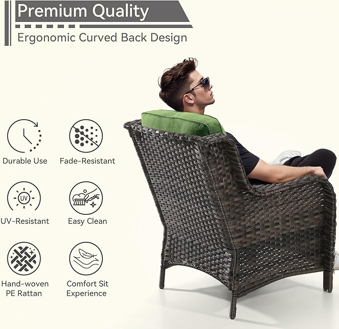 3 Pieces Outdoor Patio Chairs Set - Wicker Patio Conversation Sets with 1 Side Table, Olefin Fabric Cushions Suitable for Backyard Deck and Porch,Green