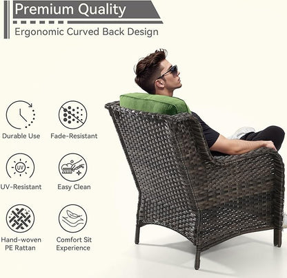 5 Pieces Patio Conversation Set, Wicker Chairs Set of 2 and Two Ottomans with 3.5-inch Seat Cushions, 1 Side Table High Back and Curved Armrest for Backyard, Balcony and Deck, Green