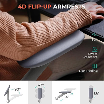 CAPOT Ergonomic Mesh Office Chair, Adjustable Lumbar High Back Desk Chair 400lbs, 4D Flip-up Arms, 3 Tilt Backrest, 3D Headrest, PU Wheels, Swivel Rolling Computer Seating for Long Desk Work - Grey