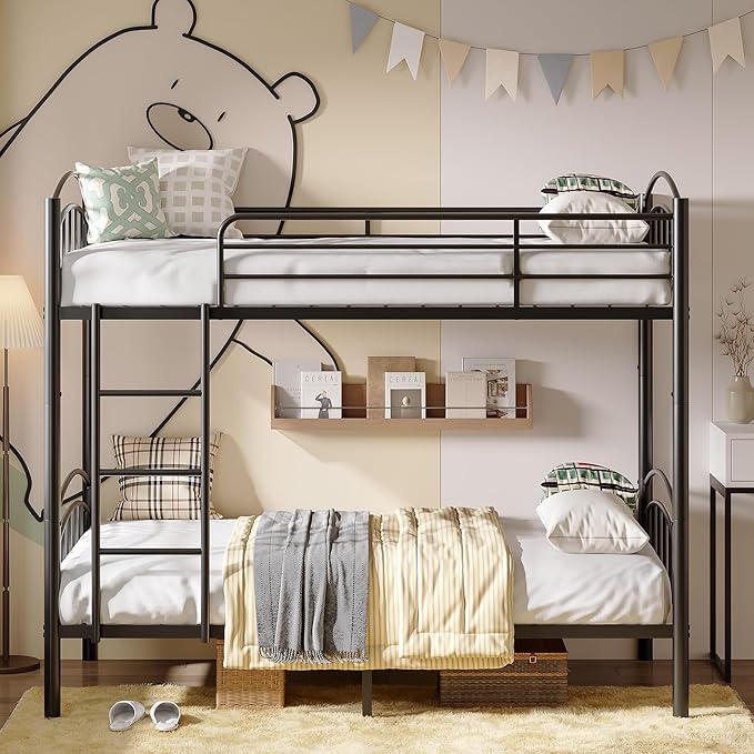 Alohappy Bunk Beds Frame Twin Over Twin, Convertible Into 2 Individual Metal, Removable Ladder & Safety Guard Rail (Black)