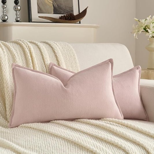 FUTEI Pink Chenille Throw Pillow Covers 12x20 Inch Set of 2,Edges Double-Stitched Lumbar Pillow Cases,Modern Home Decor for Couch Living Room