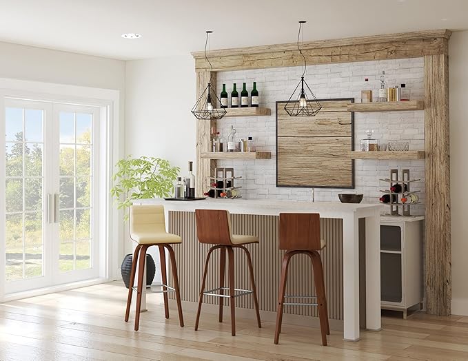 Armen Living Vienna 30" Swivel Bar Stool in Walnut Wood Finish with Cream Faux Leather - Set of 3