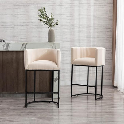 Contemporary Cream Linen Bar Stools Set of 4, 29" Upholstered Fabric Counter Height Barstools Kitchen Counter Island Stools with Screwed Together Black Metal Base
