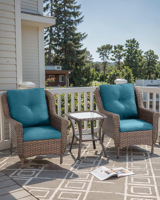 Patio Wicker Chairs Outdoor Furniture Chair - Set of 2 Outside All Weather Lawn Dining Brown Rattan Armchair with High Back&Deep Seating for Deck Porch Balcony Backyard Garden - Peacock Blue