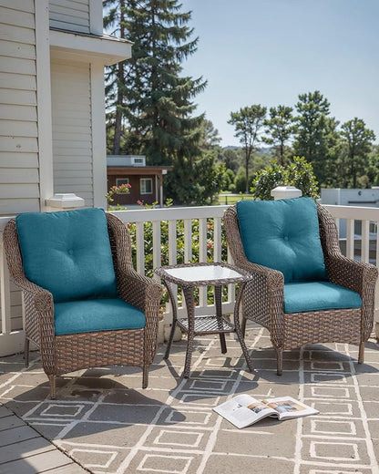 Patio Wicker Chairs Outdoor Furniture Chair - Set of 2 Outside All Weather Lawn Dining Brown Rattan Armchair with High Back&Deep Seating for Deck Porch Balcony Backyard Garden - Peacock Blue
