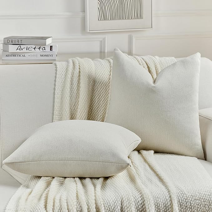 FUTEI Cream Chenille Decorative Throw Pillow Covers 22x22 Inch Set of 2,Soft Cozy Faux Linen Textured Cushion Case,Farmhouse Home Decor for Couch Living Room