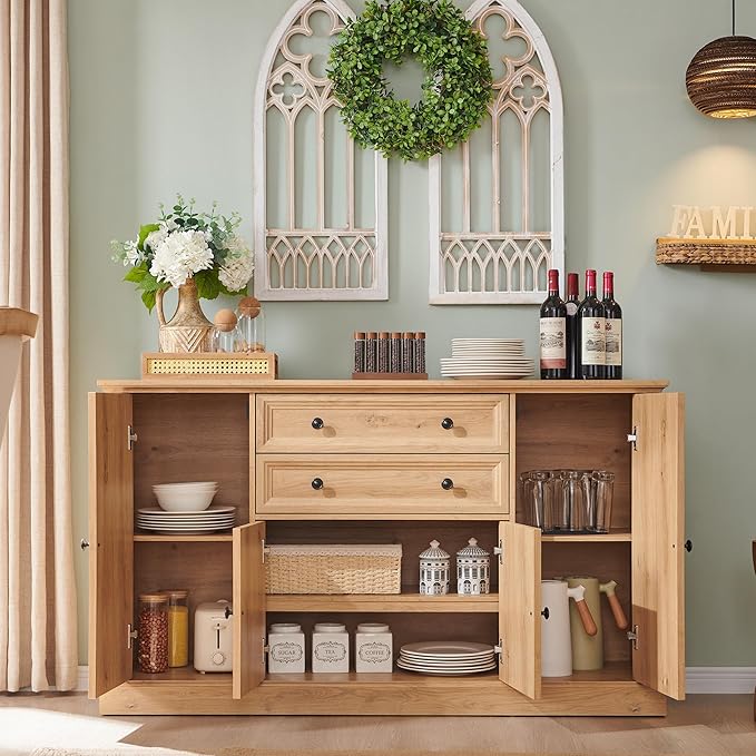 Farmhouse 58" Buffet Cabinet with Storage, 34" Tall Sideboard Cabinet w/2 Large Drawers & 4 Grooved Barn Doors, Wood Rustic Sideboard for Dinning Room, Kitchen, Living Room,Natural