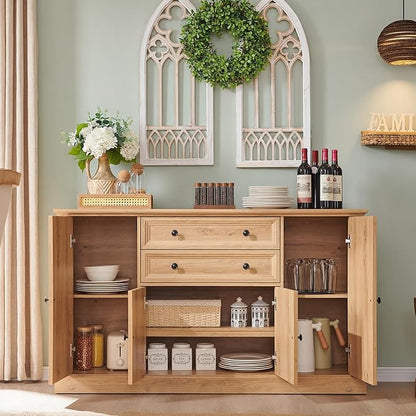 Farmhouse 58" Buffet Cabinet with Storage, 34" Tall Sideboard Cabinet w/2 Large Drawers & 4 Grooved Barn Doors, Wood Rustic Sideboard for Dinning Room, Kitchen, Living Room,Natural
