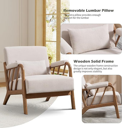 Mid Century Modern Accent Chair with Solid Wood Frame, Upholstered Living Room Chairs with Lumbar Cushion Padded Arms, Reading Armchair for Bedroom (1, Beige)