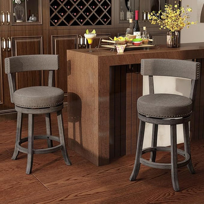 COSTWAY Bar Stools Set of 2, Upholstered Farmhouse Bar stools w/Cushioned Seat & Backrest, Solid Wood Legs, Footrest, 26” Counter Height Swivel Stools for Kitchen Island, Pub (2, 26'' Seat Height)