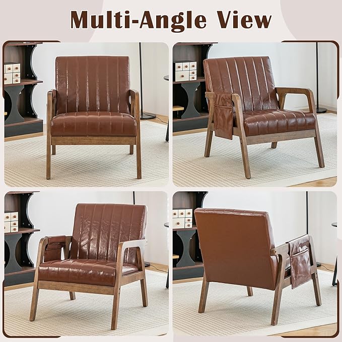 EROMMY Mid Century Modern Leather Accent Chair with Wood Frame, Faux Leather Accent Armchair with Storage Bag,Faux Pu Living Room Accent Chair for Reading, Bedroom,Reddish Brown