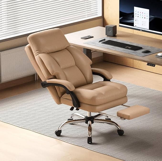 Home Office Desk Chair, 90°-160° Reclining, High Back Executive OfficeChair 400LBS with Footrest, Ergonomic Scratch-Resistant Faux Leather Computer Gaming Chair with Lumbar Support, Coffee