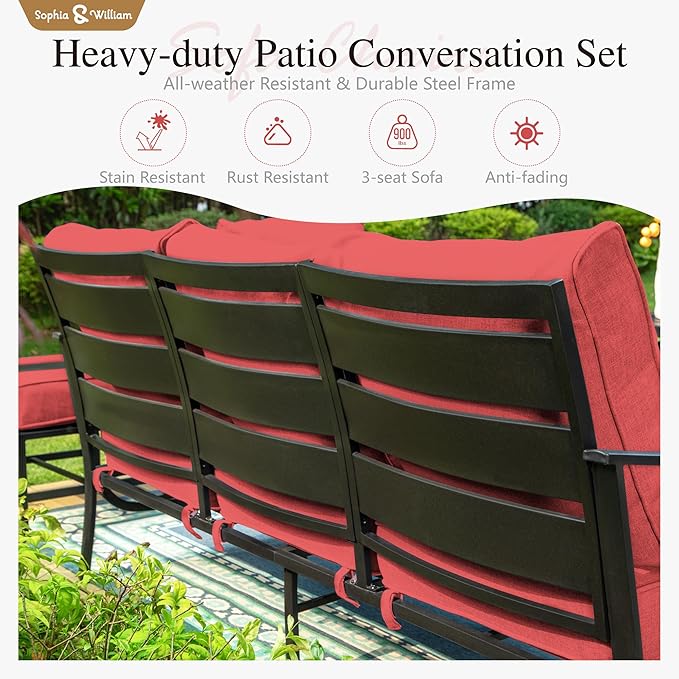 Sophia & William Patio Furniture Sets for 7 Outdoor Conversation Set 7 Pcs with 2 x Swivel Sofa Chairs, 2 x Armrest Chairs, 1 x 3-Seat Sofa, 2 x Ottomans for Coffee Garden Backyard Poolside Red