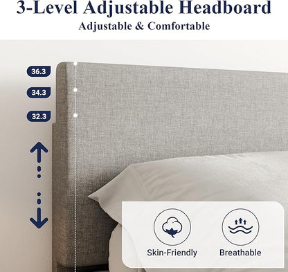 Allewie Full Size Bed Frame with Adjustable Headboard, Upholstered Platform Bed with Wood Slats, Heavy Duty Mattress Foundation, No Box Spring Needed, Noise-Free, Easy Assembly, Light Grey
