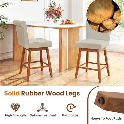 COSTWAY Swivel Bar Stools Set of 2, 27" Counter Height Bar Chairs with Rubber Wood Legs, Upholstered Linen Barstools with Back & Cushioned Seat, for Kitchen Island, Home, Beige (2,Beige)