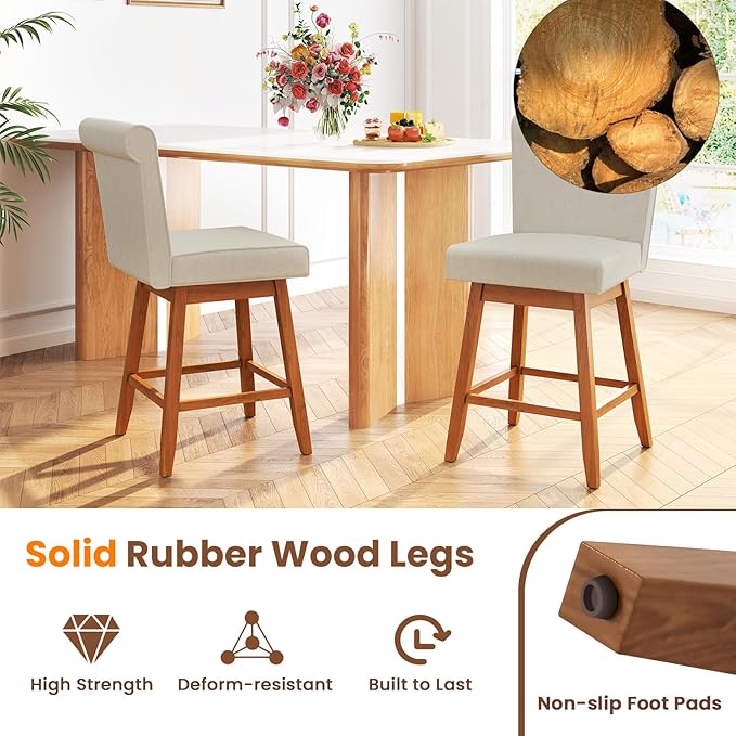 COSTWAY Swivel Bar Stools Set of 4, 27" Counter Height Bar Chairs with Rubber Wood Legs, Upholstered Linen Barstools with Back & Cushioned Seat, for Kitchen Island, Home, Beige