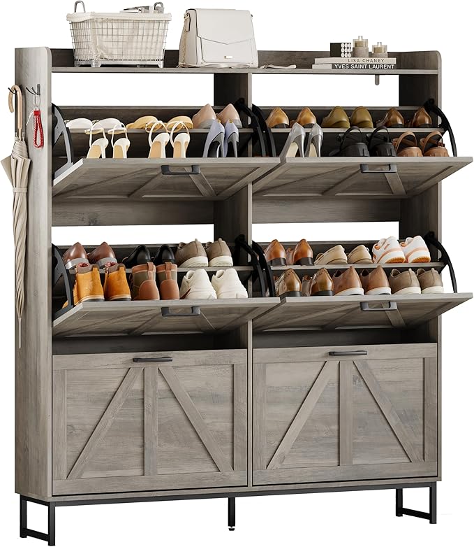 Shoe Cabinet Storage for Entryway, Shoe Storage Cabinet with 6 Flip Drawers, Freestanding Narrow Shoe Rack Organizer with Metal Legs, Adjustable Shelves & Open Storage for Foyer, Hallway, Grey