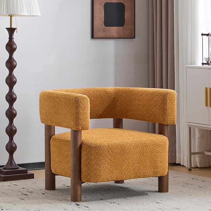 GDFStudio Boucle Upholstered Accent Chair,Cozy Modern Armchair with Spring Cushion & Rubber Wood Frame,Comfortable Mid-Century Lounge Chair Seating for Living Room, Bedroom, Office, Yellow