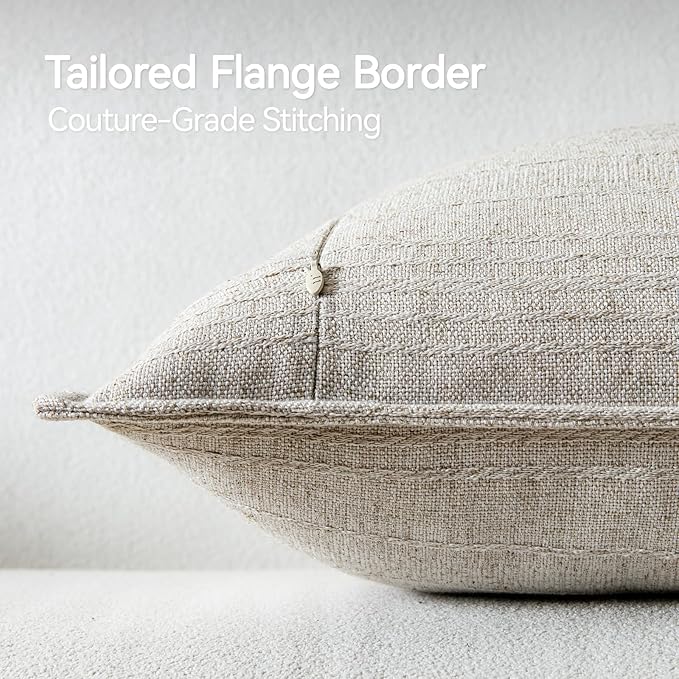 a moment Linen Pillow Covers Set of 2,Boho Farmhouse Throw Pillowcases Neutral Textured Decorative Covers for Couch Sofa,Linen Blend Accent Case Cushion Living Room Home Decor 24"x24"Beige Grey