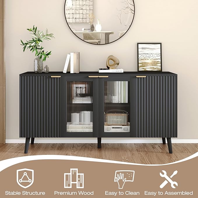 JASIWAY Modern Buffet Cabinet with Storage 55" Fluted Sideboard with 4 Doors Acrylic and Adjustable Shelves Wooden Coffee Bar Cabinet Storage Credenza for Living Room, Dining Room, Kitchen, Black