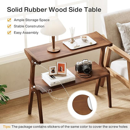 Tribesigns Set of 2 Solid Wood End Table, 2-Tier Farmhouse Couch Side Table, Rustic Tall Sofa Side Table with Storage Shelf for Living Room, Skinny Bedside Table, Nightstand for Bedroom, Rustic Brown