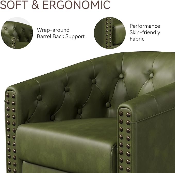 Swivel Barrel Accent Chair,Round Nailhead Faux Leather Living Room Arm Chairs,Modern Upholstered Comfty Reading Nook Chairs for Bedroom,Small Club Armchair,Single Sofa Side Chair,Olive Green