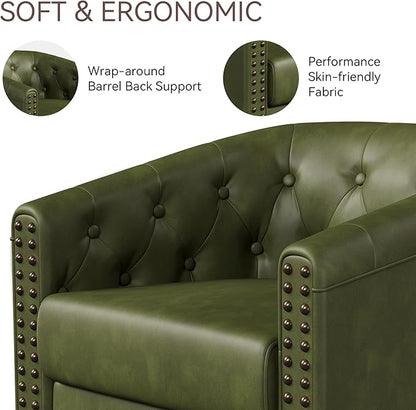 Swivel Barrel Accent Chair,Round Nailhead Faux Leather Living Room Arm Chairs,Modern Upholstered Comfty Reading Nook Chairs for Bedroom,Small Club Armchair,Single Sofa Side Chair,Olive Green