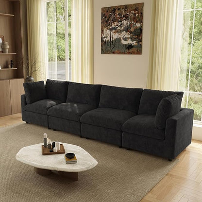 WJShome Modern Sectional Sofa 134 Inch 4-Seater Cloud Couch with Chenille Deep Seat Couches for Living Room, Bedroom and Apartment，Black