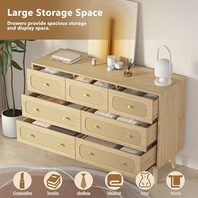 Rattan Dresser for Bedroom, 7 Drawer Rattan Dresser with Gold Handles, Boho Wood Dressers & Chest of Drawers for Bedroom