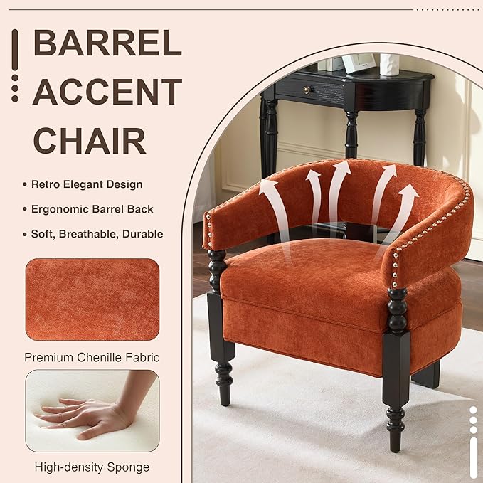 LOULENS Barrel Accent Chair, Vintage Chenille Upholstered Lounge Chair with Solid Wood Legs, Comfy Leisure Side Armchair for Living Room, Bedroom, Reading Nook, Corner, Orange