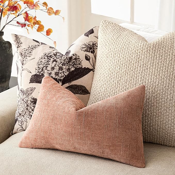 Foindtower Pack of 2 Soft Textured Chenille Throw Decorative Pillow Covers Square Accent Solid Cushion Cover Neutral Lumbar Pillow Case for Couch Sofa Bedroom Living Room 12x24 Inch,Dusty Pink