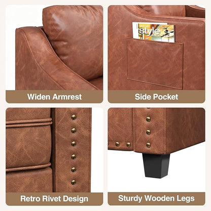 Faux Leather Accent Chair Set of 2 for Living Room, 30 Inches Barrel Upholstered Armchair, Cozy Mid Century Modern Club Arm Chair Single Sofa for Bedroom, Apartment, Reading Room, Brown