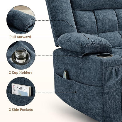 Adult 360° Swivel Rocking Recliner, Nursery Glider Lounger with Massage and Heating, Rocking Chair with Cup Holder, Living Room and Bedroom Manual Chair (Fabric, Blue)