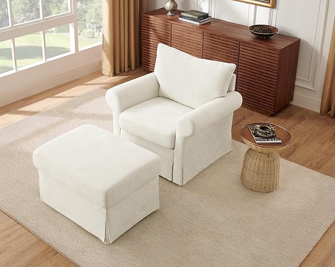 Modern Accent Chairs with Ottoman Set, Comfy Chenille Reading Armchair with Rolled Arms and Cushion Backrest, 35.8" W Single Living Room Chairs for Bedroom, Study, Apartment, Beige
