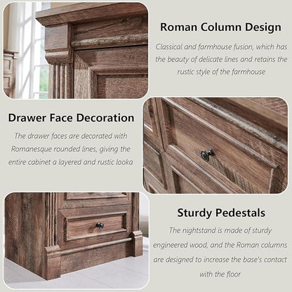 26" Tall Nightstand with Charging Station, Farmhouse 23.6" Wide Large End Table w/Roman Column, Wood Rustic Side Table w/Metal Handle, 3 Drawers Dresser for Bedroom, Living Room, Light Brown