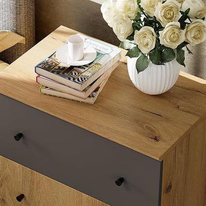 WAMPAT Storage Cabinet for Living Room, Freestanding Wood Accent Cabinets Sideboard with Drawer, Door, and Adjustable Shelf for Dining Room, Kitchen, Entryway, 32.4" H, Oak Brown & Dark Grey