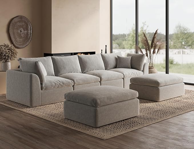 Oversized Cloud Sectional Couches for Living Room, Boneless U Shaped Couch with Ottoman, 4 Seater Modular Sectional Sofa, Light Grey