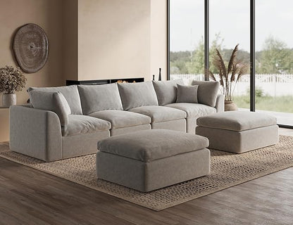 Oversized Cloud Sectional Couches for Living Room, Boneless U Shaped Couch with Ottoman, 4 Seater Modular Sectional Sofa, Light Grey