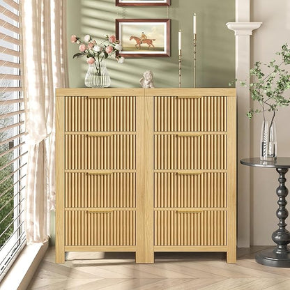 Modern 8-Drawer Solid Wood Dresser with Fluted Front & Gold Handles, Multifunctional Tall Storage Chest, for Hallway, Entryway, Natural X2