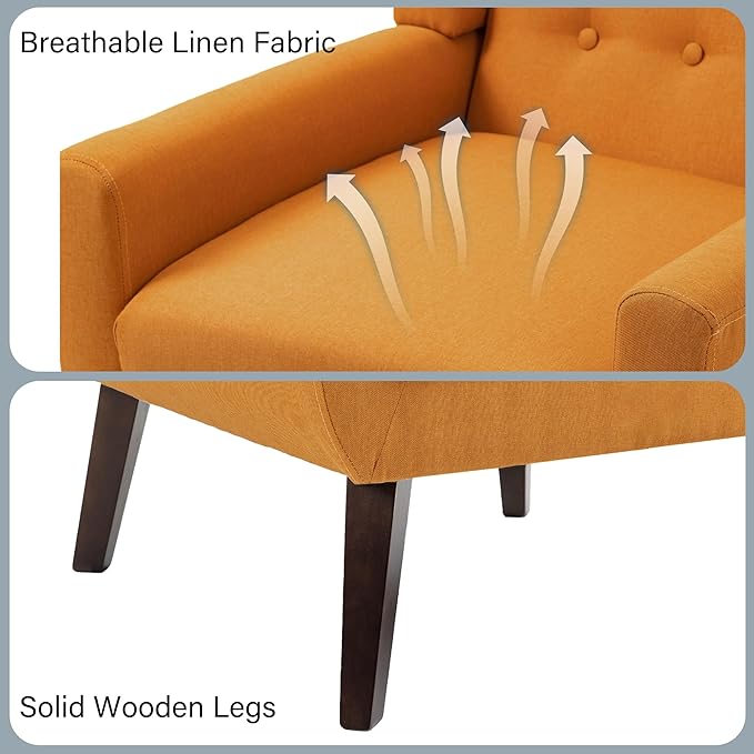 Accent Chair, Mid-Century Modern Fabric Chairs with Arms for Living Room, Comfy Upholstered Club Single Sofa Armchair for Bedroom Waiting Room with Solid Wood Frame (Fabric Orange, Set of 2)