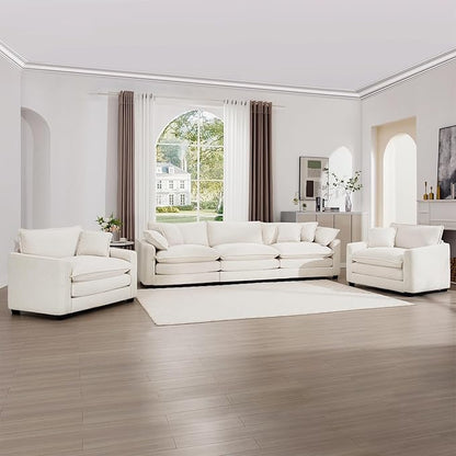 mikibama Luxury 3 Piece Sofa Set, 3-Seater & 2 Single Sofa Set, Modern Corduroy Comfy Cloud Couches Set for Living Room Office with 2 Armrest Pillows and 5 Toss Pillows, Beige