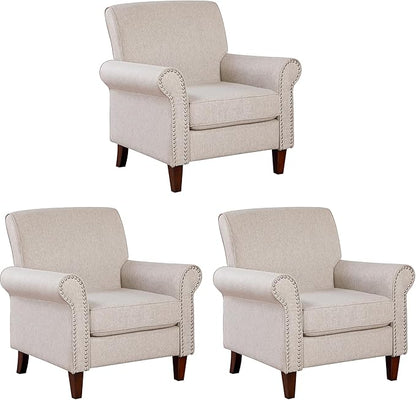 Prilinex Upholstered Living Room Chair Set of 3 - Large Comfy Fabric Accent Chair Single Sofa with Cushion, Rolled Armrest & Nailhead Trim, Mid Century Farmhouse Armchair for Bedroom, Office, Beige